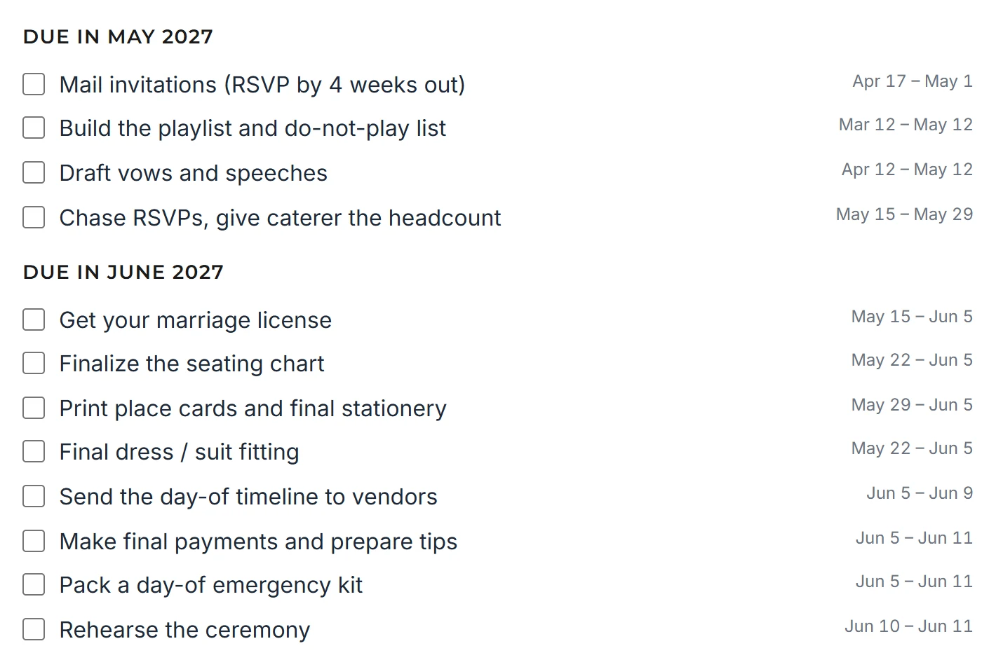 WedGenie's checklist generator for a June 12, 2027 wedding: the May and June tasks, from chasing RSVPs to sending the day-of timeline to vendors and rehearsing the ceremony