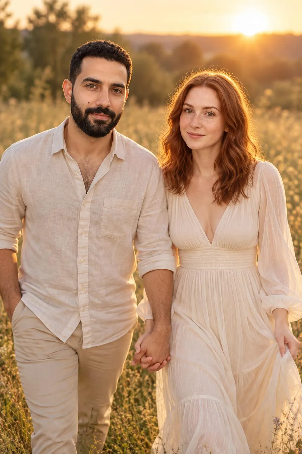 Engagement photo idea: couple walking hand in hand through a sunlit meadow at golden hour