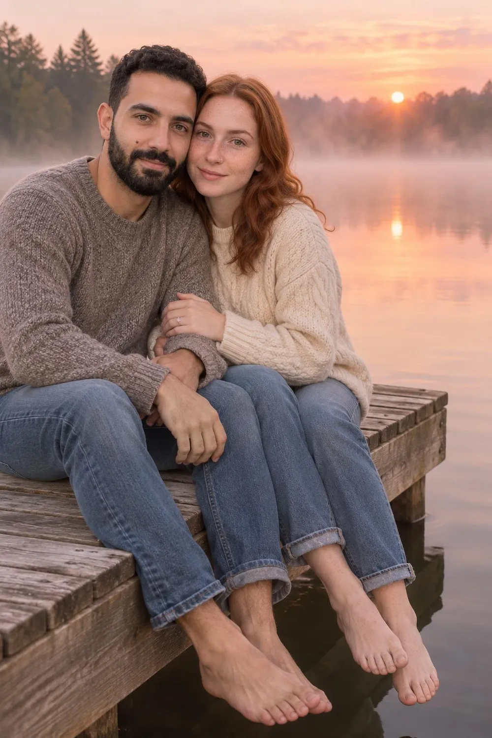 Engagement photo idea: couple sitting at the end of a wooden dock over a misty lake at sunrise