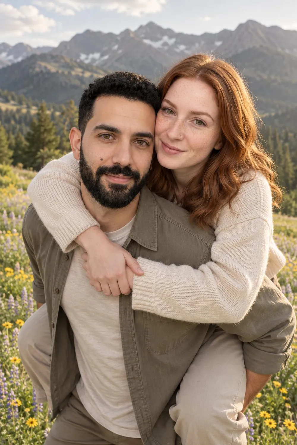 Engagement photo idea: one partner carrying the other on their back across a wildflower hillside
