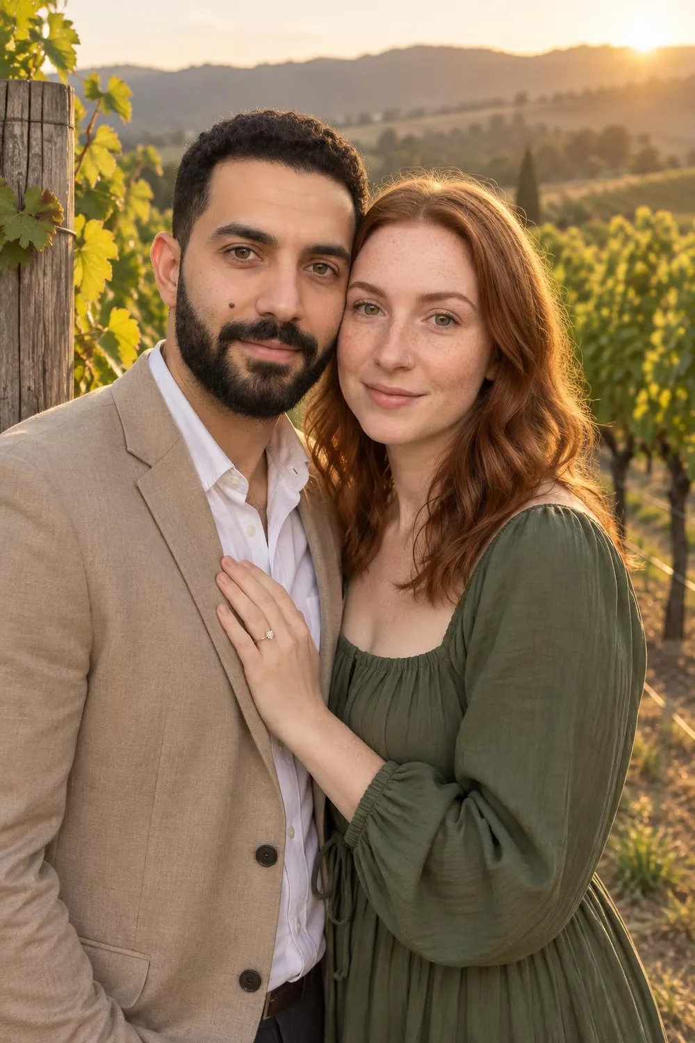 Engagement photo idea: couple leaning on a wooden post at the end of a sunlit vineyard row