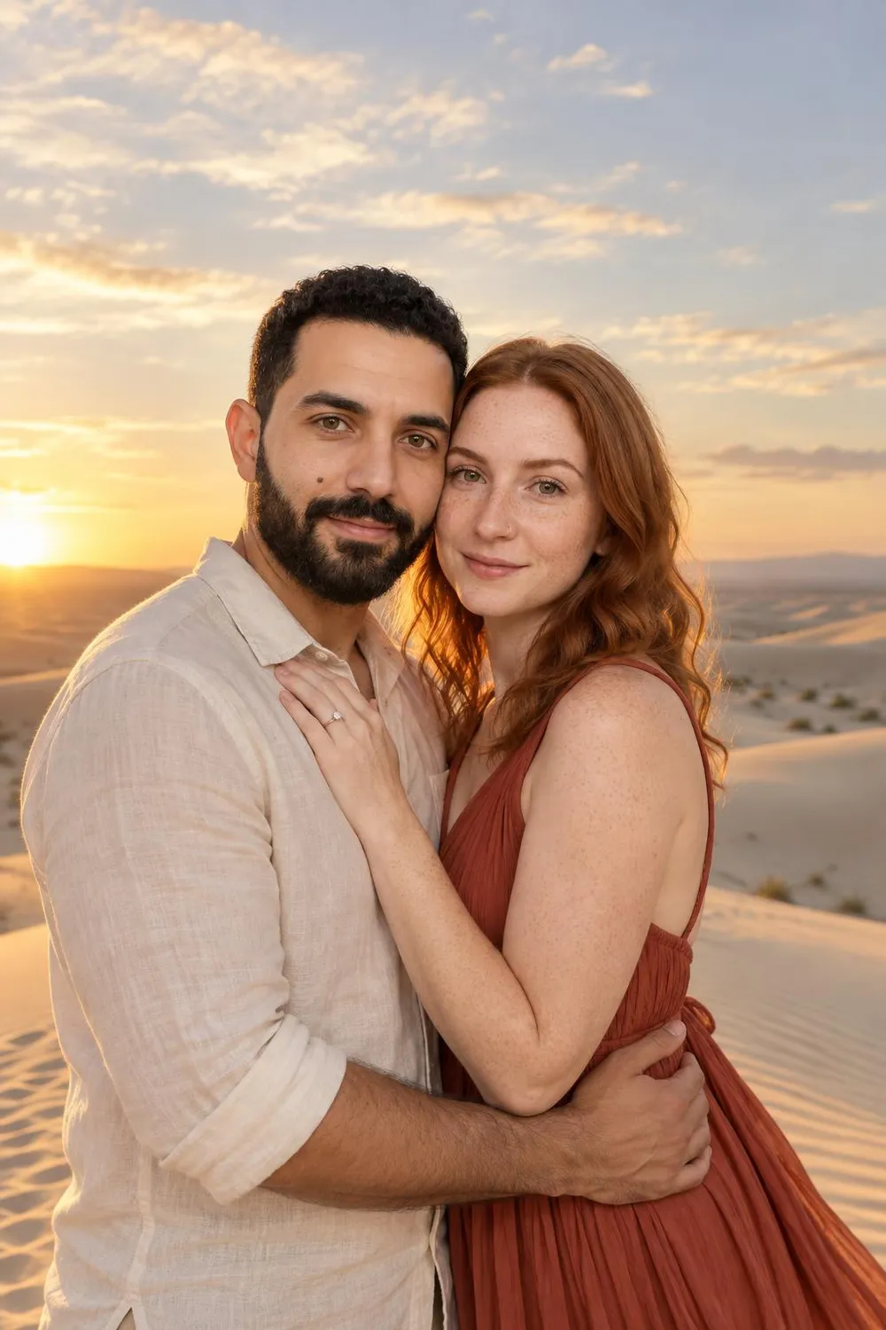 Engagement photo idea: couple silhouetted on a sand dune crest under a huge sky at golden hour