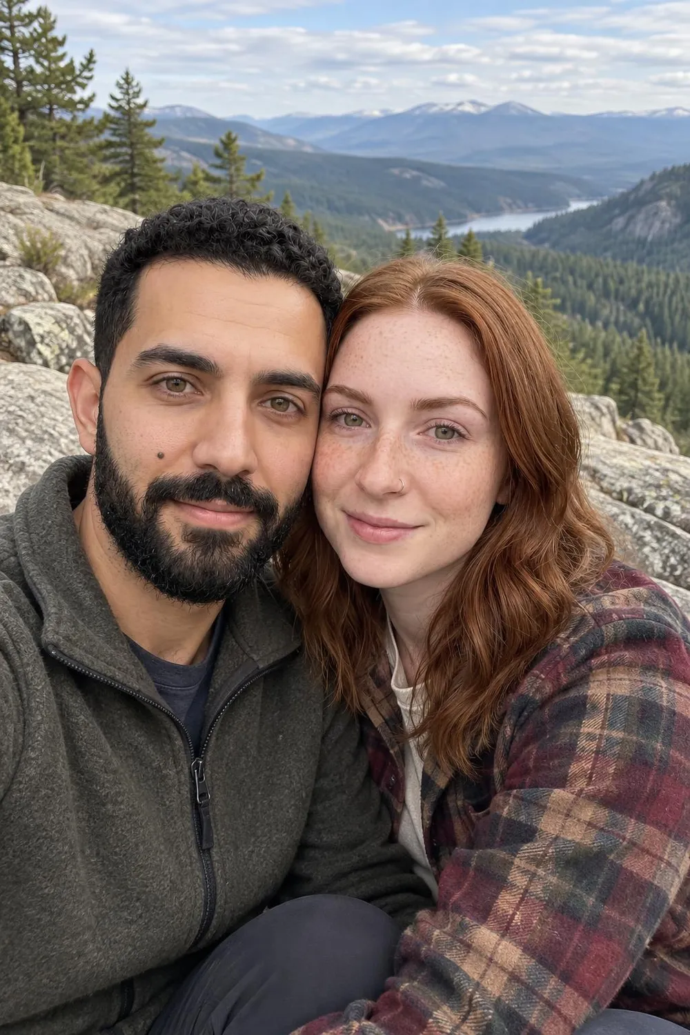 Engagement photo idea: couple sitting on a rocky overlook above a pine valley