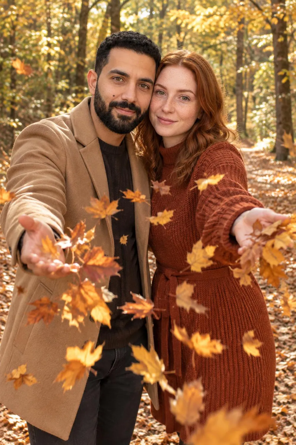 Engagement photo idea: couple throwing golden leaves on a forest path in autumn