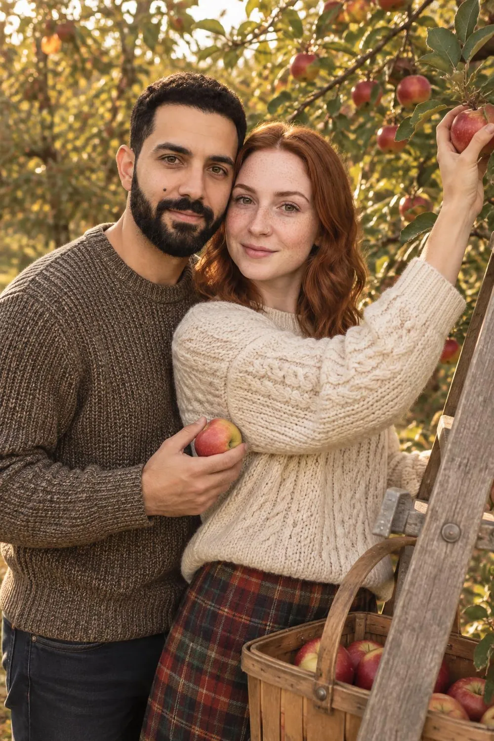 Engagement photo idea: couple picking apples together in an orchard
