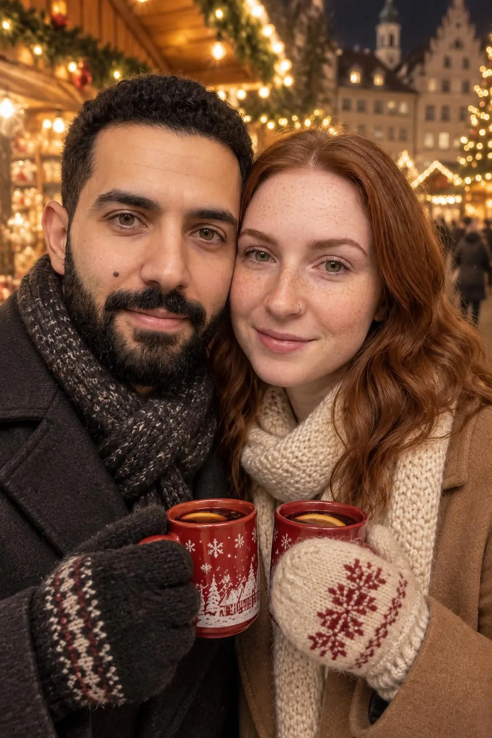 Engagement photo idea: couple sharing a warm drink at a Christmas market stall