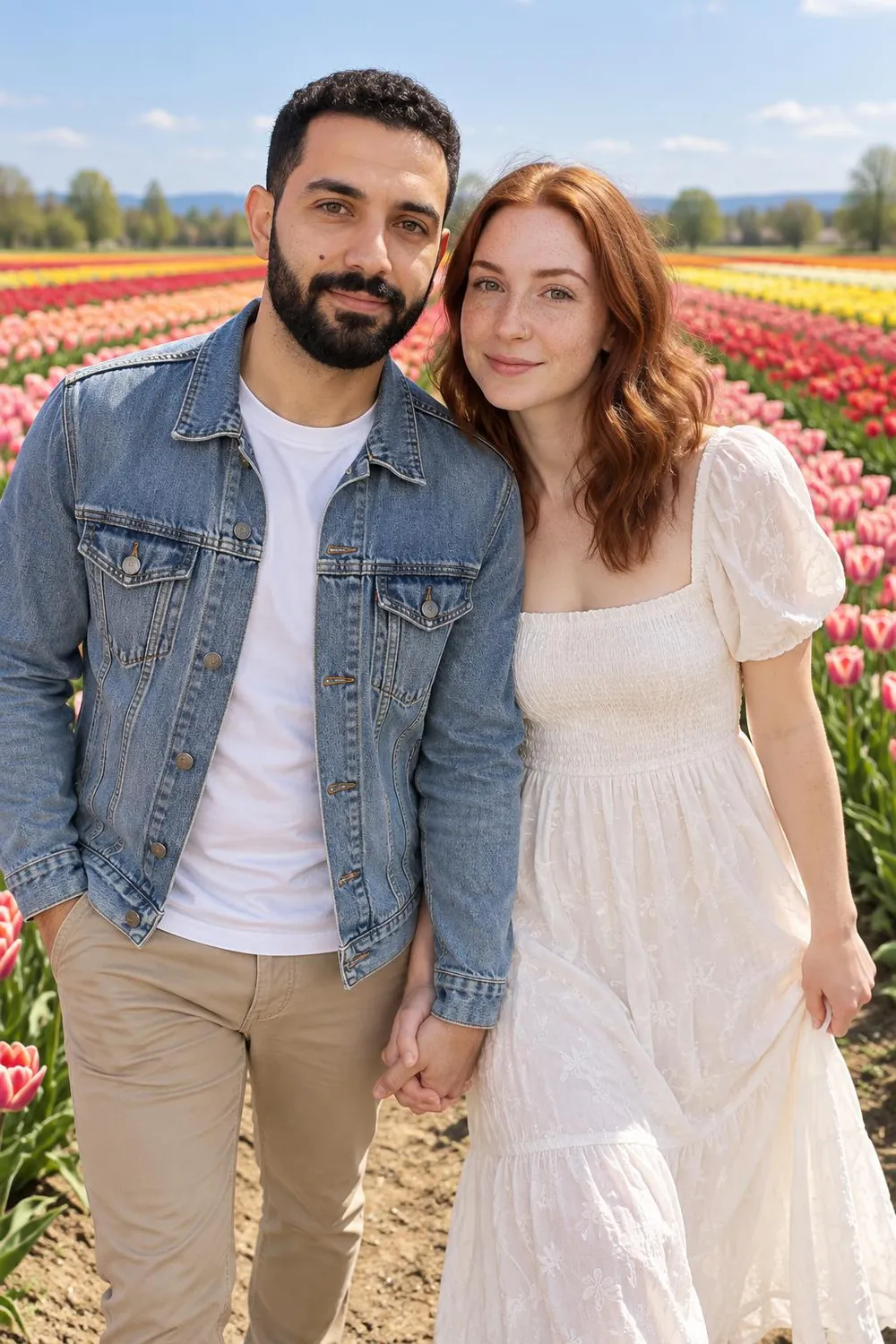 Engagement photo idea: couple walking between colorful tulip rows