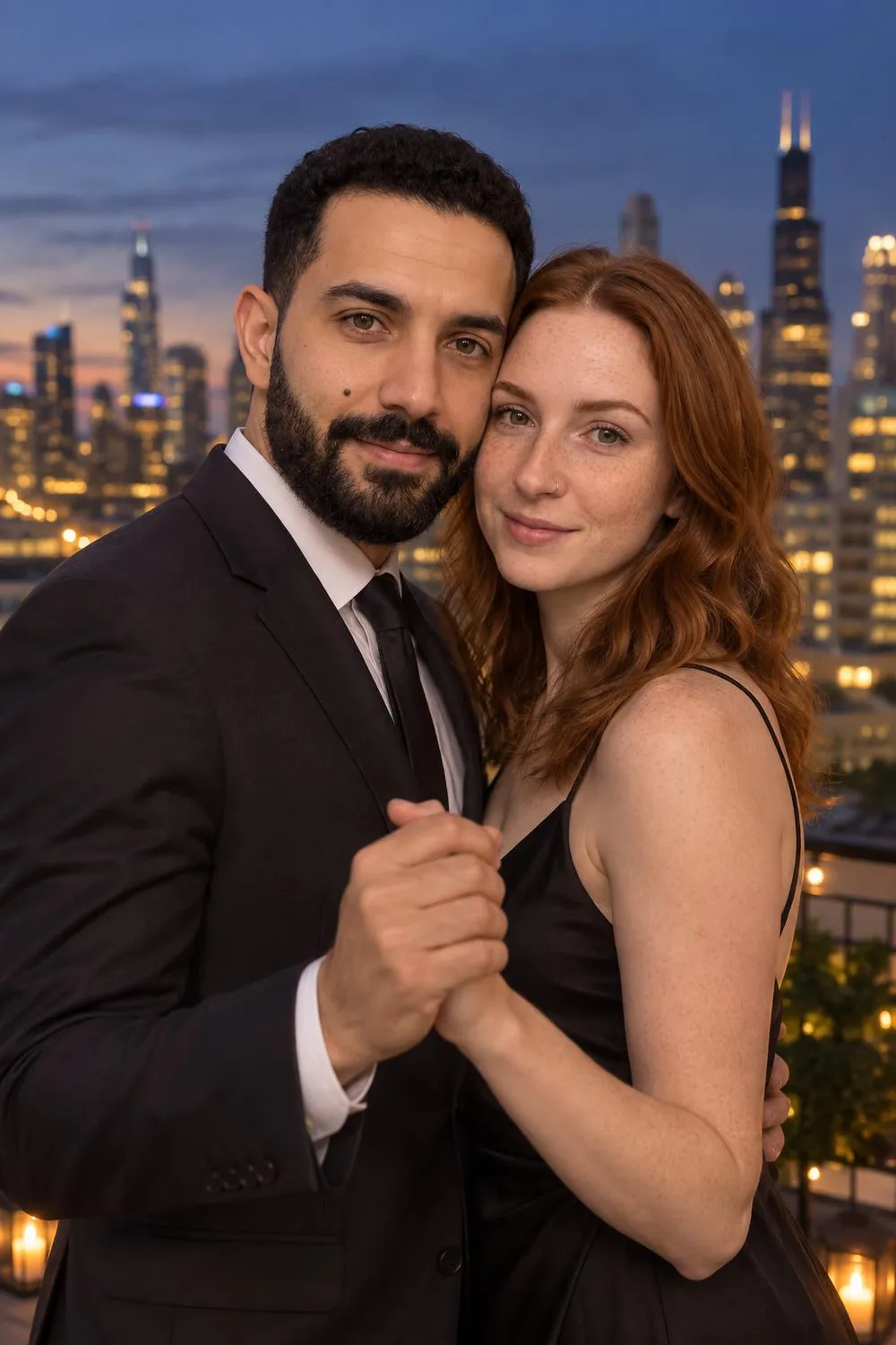 Engagement photo idea: couple slow-dancing on a city rooftop at blue hour