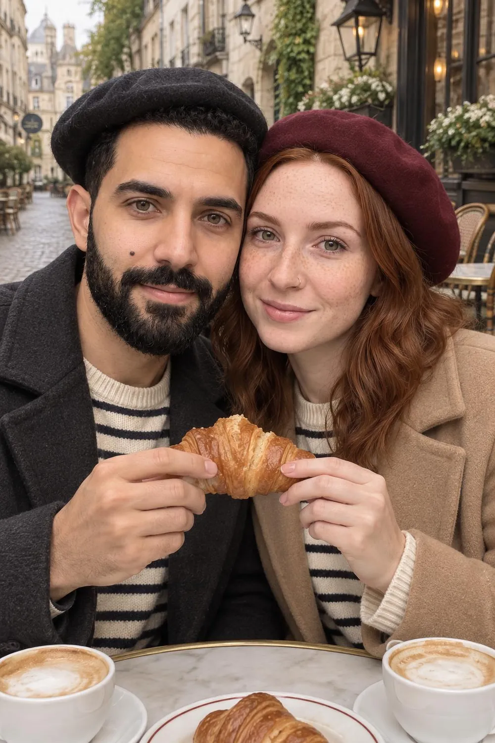 Engagement photo idea: couple sharing a croissant at a cafe table on a European old-town street