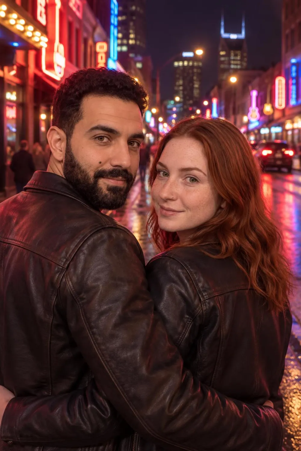 Engagement photo idea: couple with their backs to the camera looking at neon signs at night