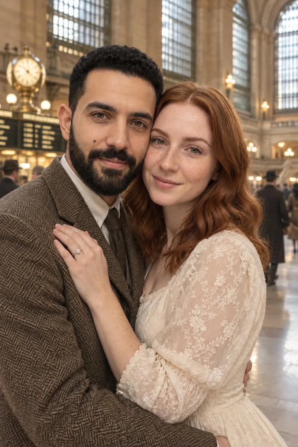 Engagement photo idea: couple embracing in a grand old train station concourse