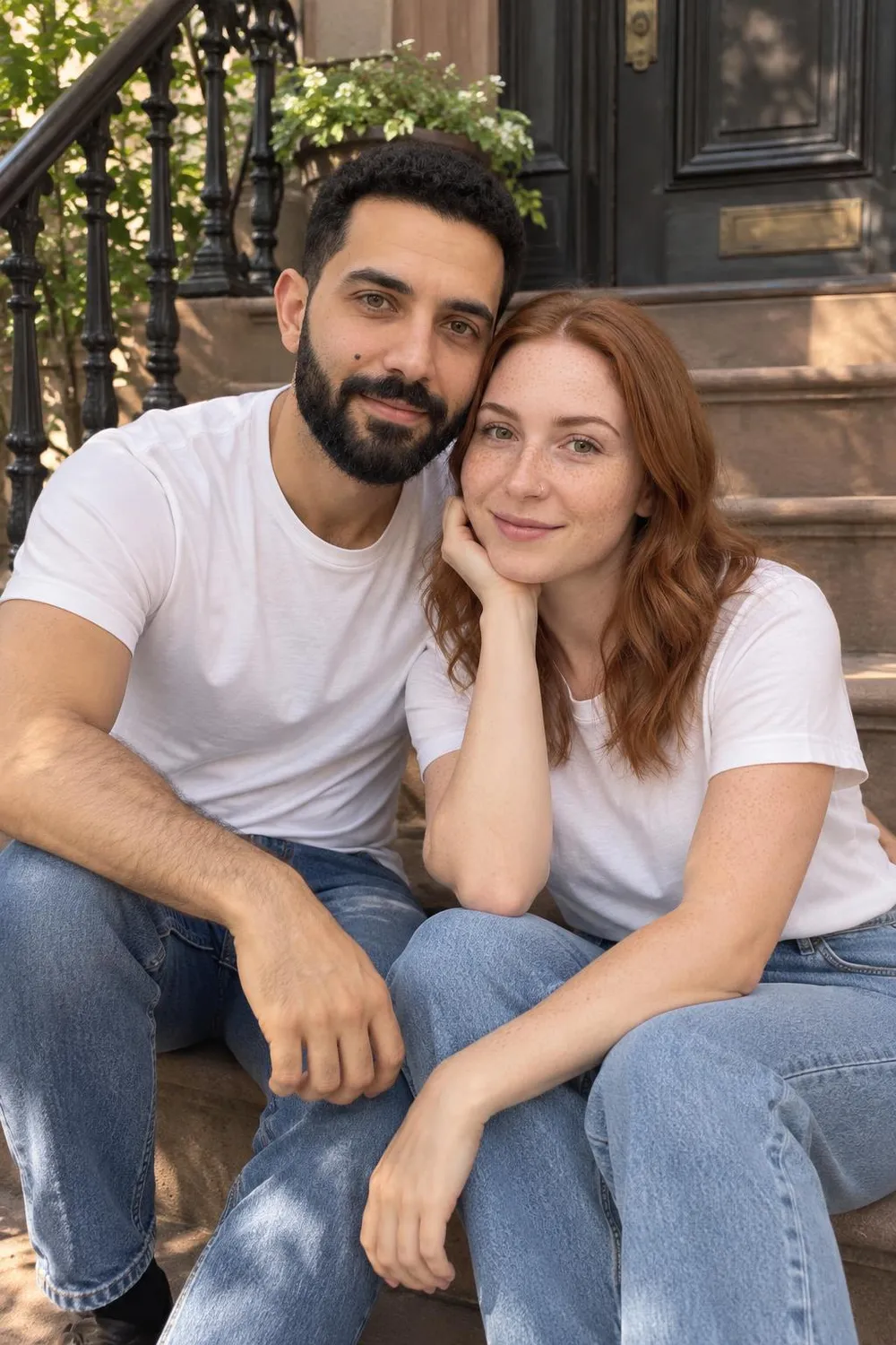 Engagement photo idea: couple sitting on brownstone front steps laughing