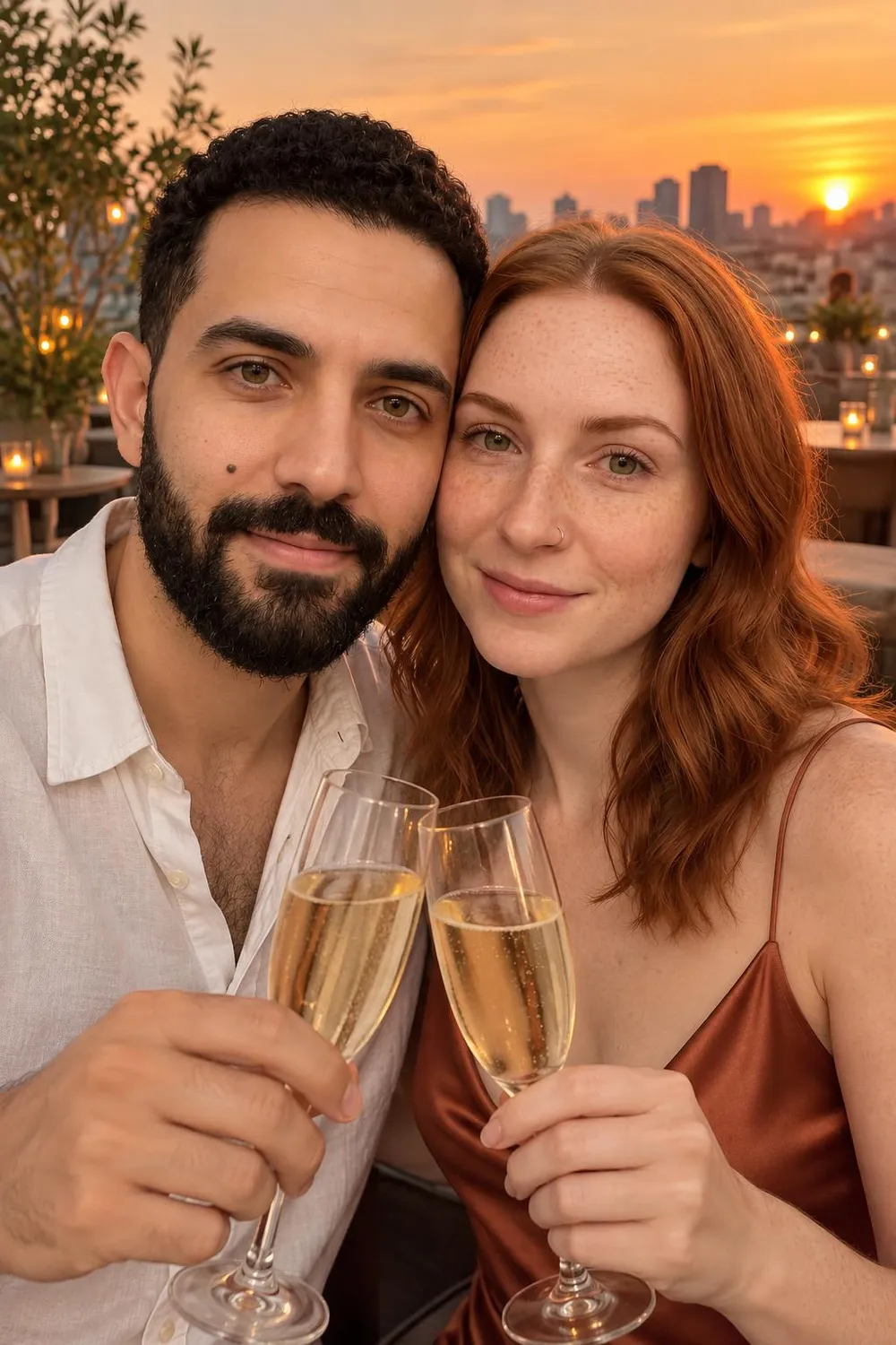 Engagement photo idea: couple clinking glasses on a rooftop bar terrace at sunset