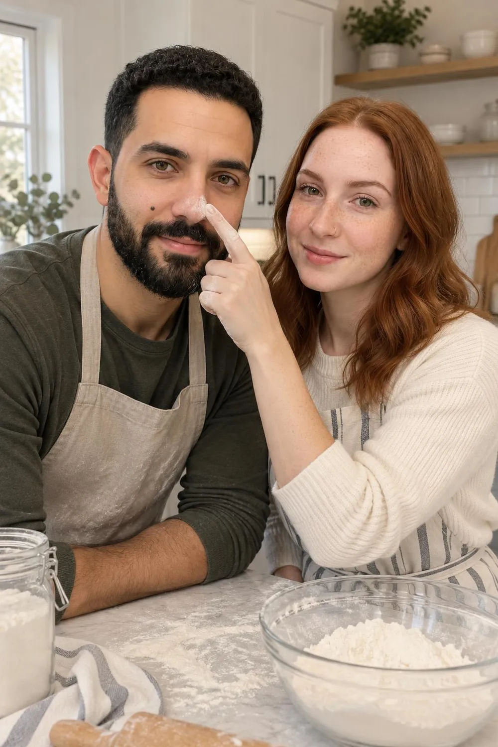 Engagement photo idea: couple baking in a bright kitchen with flour on their faces