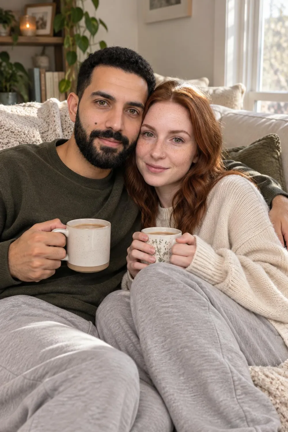 Engagement photo idea: couple curled up on a couch with coffee mugs in morning light