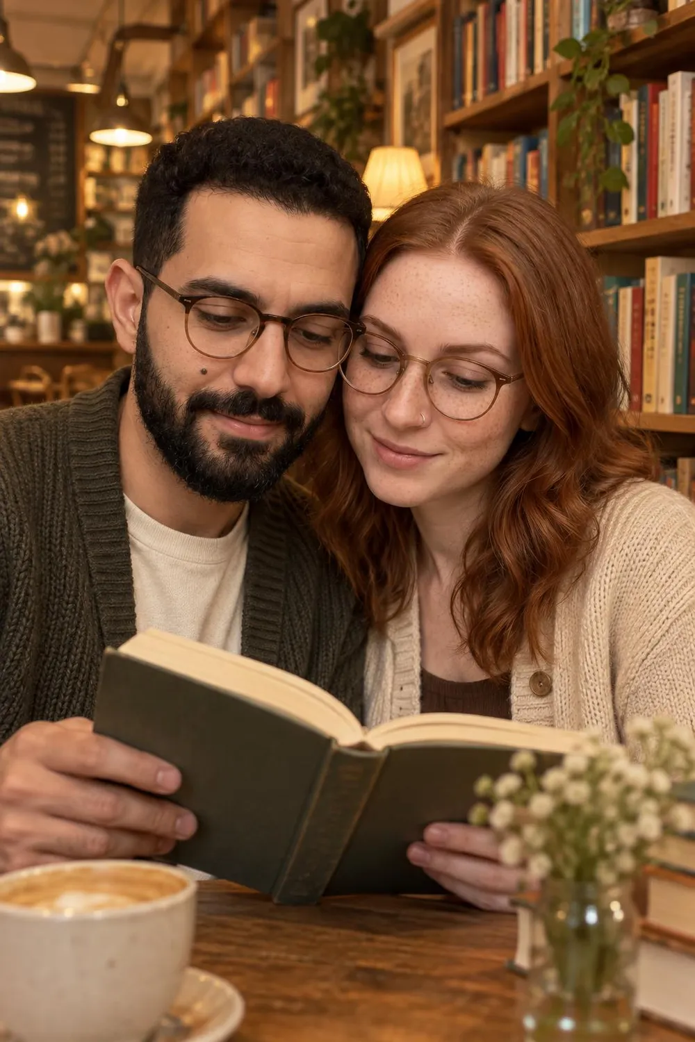 Engagement photo idea: couple reading one book together in a small bookshop cafe