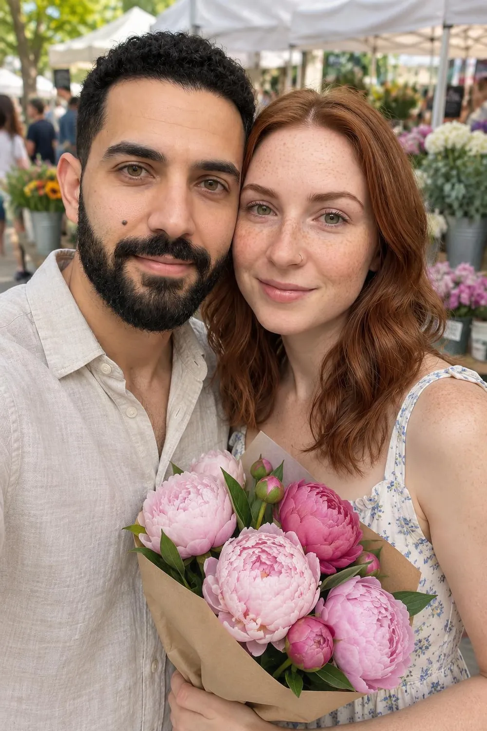 Engagement photo idea: couple carrying peonies through a farmers market