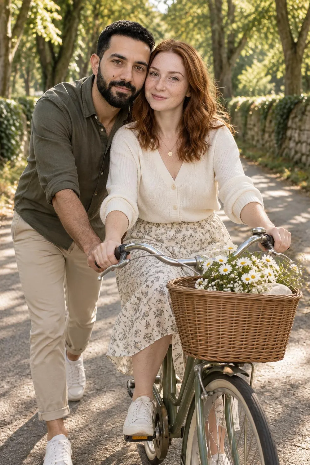 Engagement photo idea: couple with a vintage bicycle on a tree-lined lane