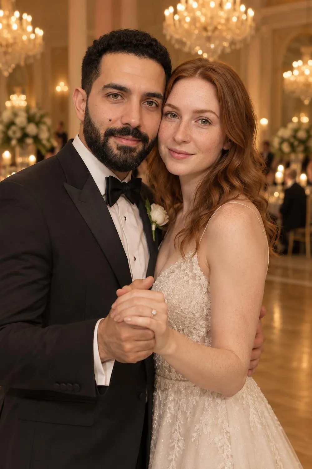 Engagement photo idea: couple in a gown and tuxedo in a first-dance pose under chandeliers