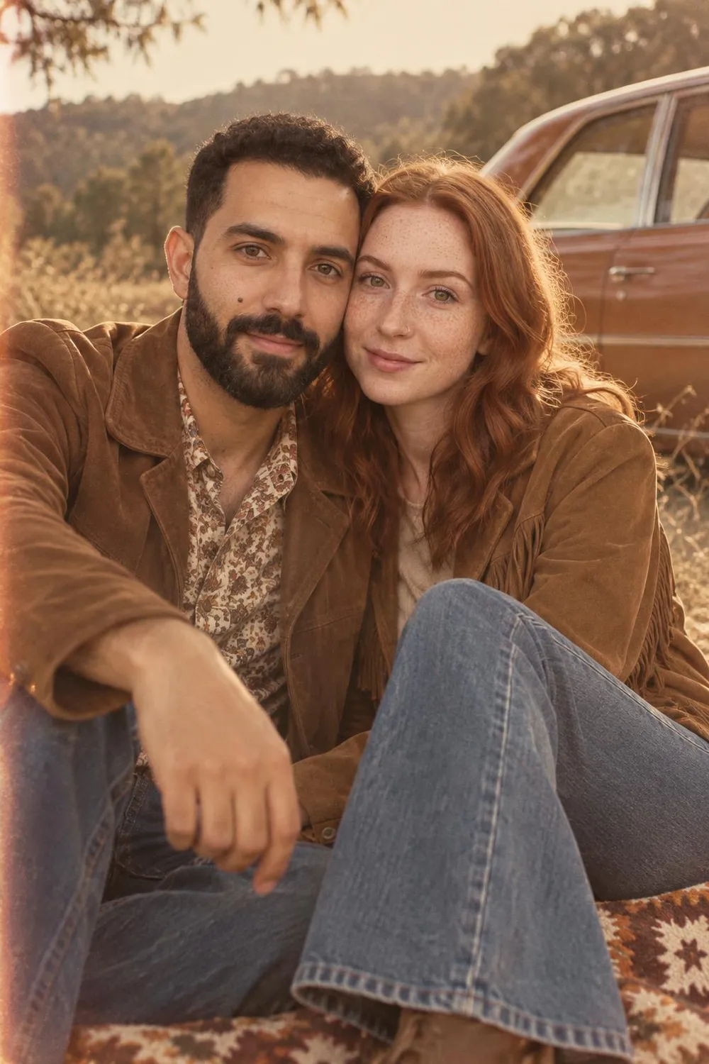 Engagement photo idea: couple in 70s-style clothes in a nostalgic film-camera candid