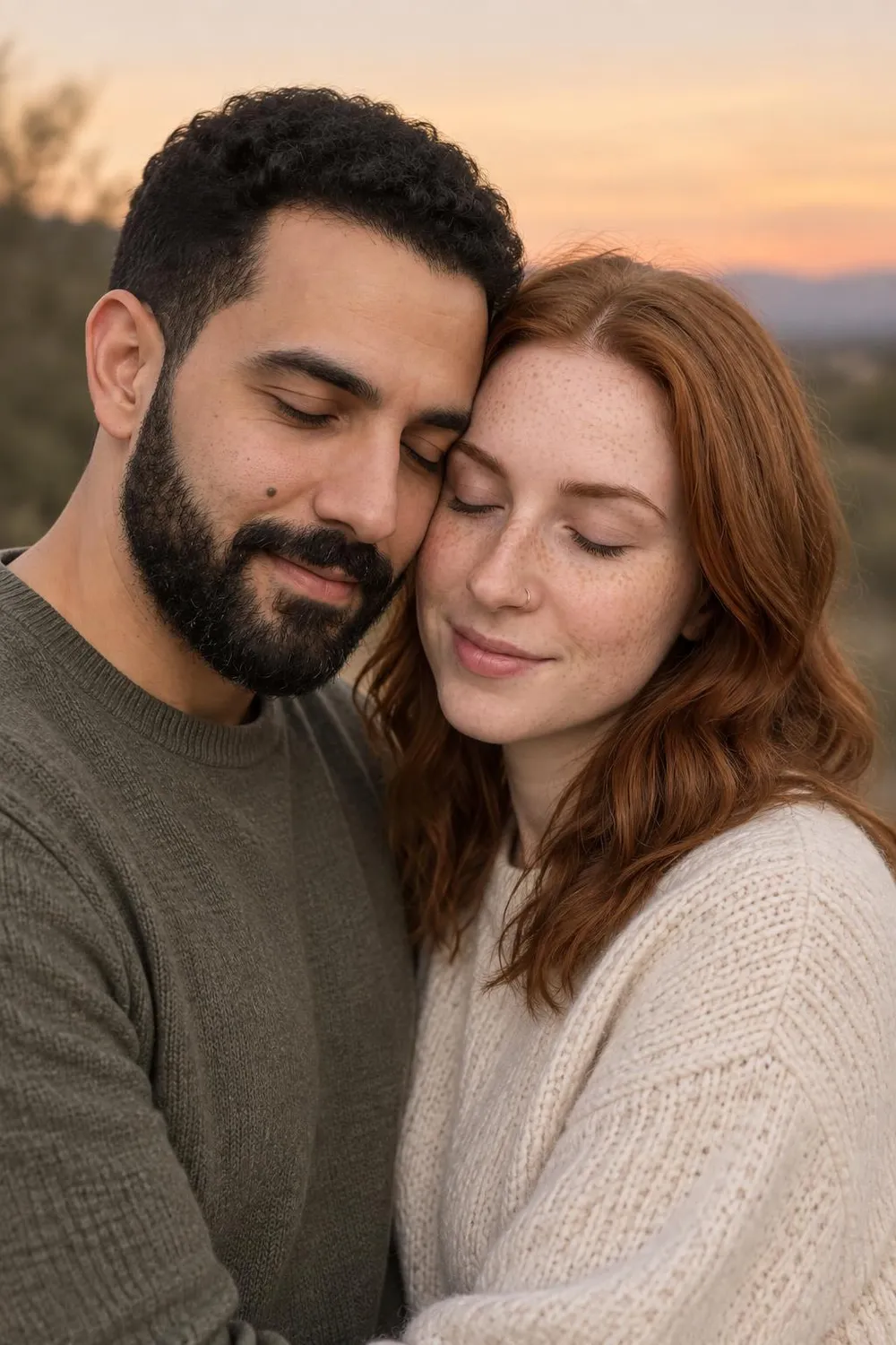 Engagement photo idea: couple with foreheads touching and eyes closed at dusk