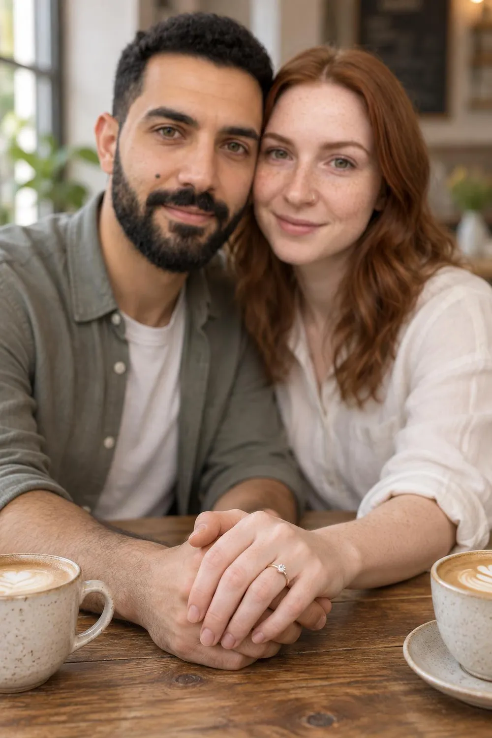 Engagement photo idea: intertwined hands with the ring in focus, the couple close behind
