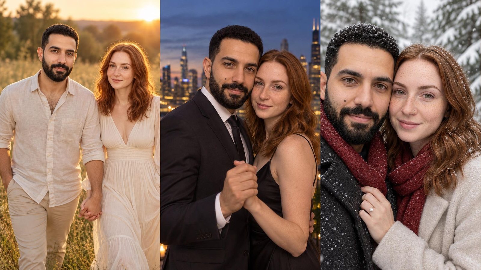 AI-generated engagement photo example: couple walking hand in hand through a meadow at golden hour