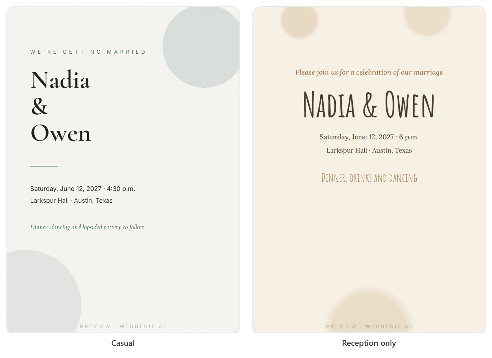 Two casual invitations set in WedGenie's invitation maker: a modern one and a reception-only one
