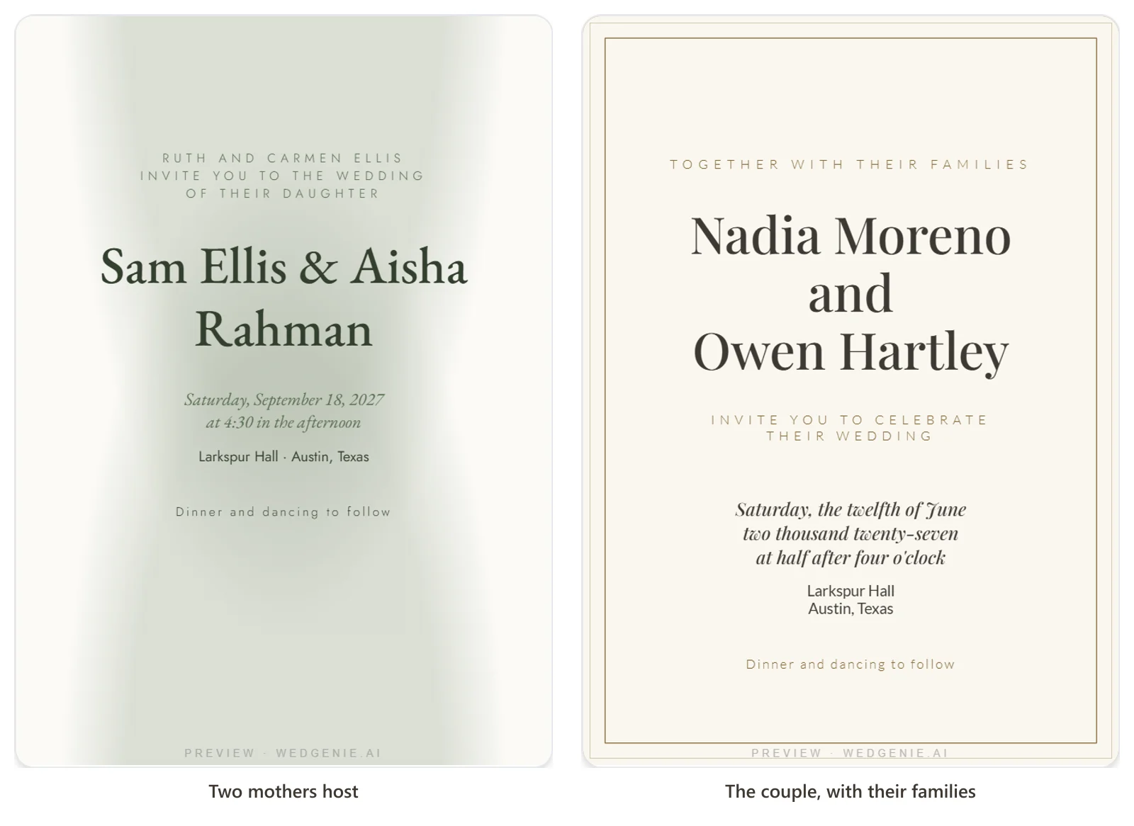 Two invitations set in WedGenie's invitation maker: one from two mothers, one from the couple with their families
