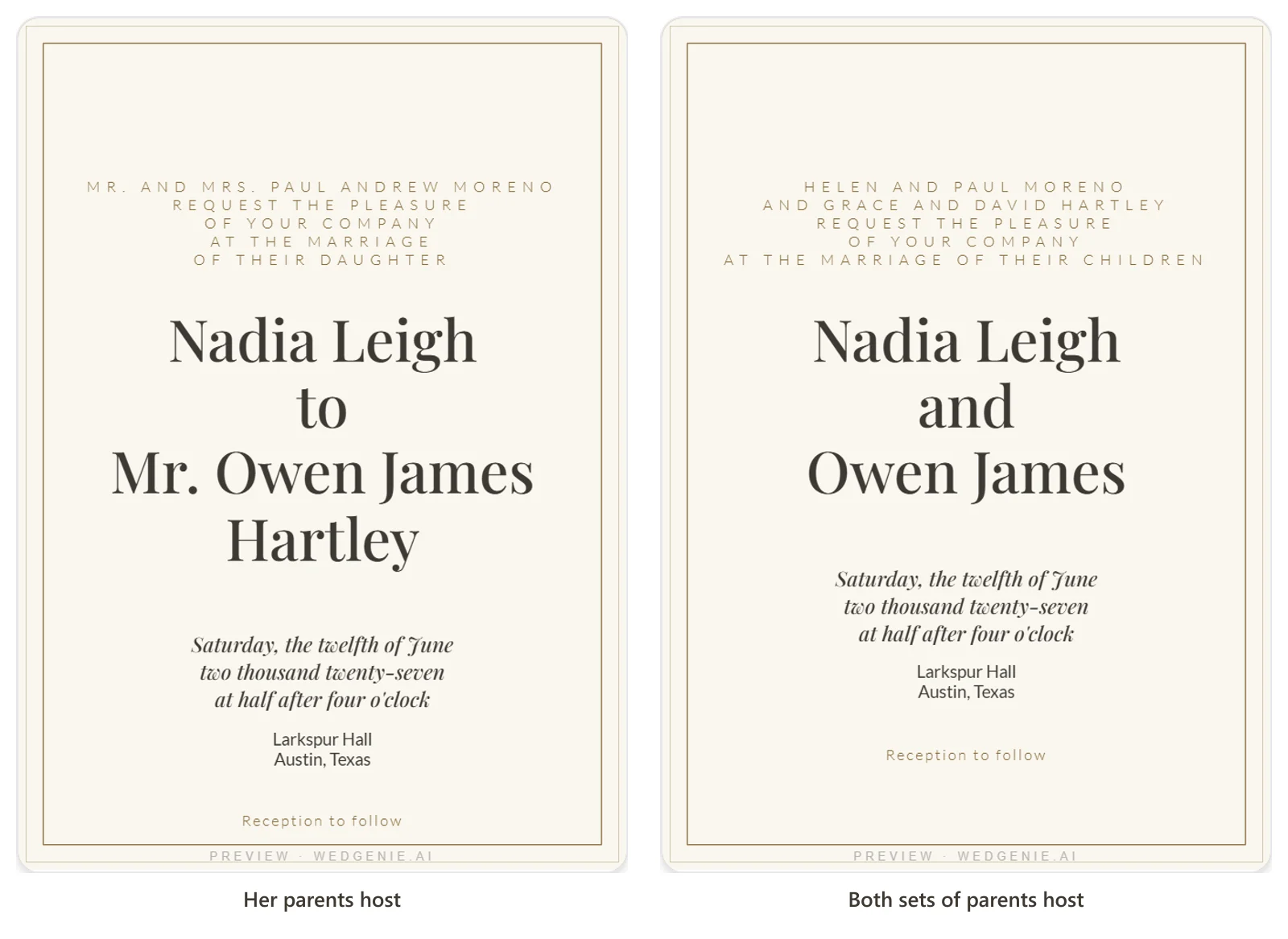 Two invitations set in WedGenie's invitation maker: one hosted by the bride's parents, one by both sets of parents