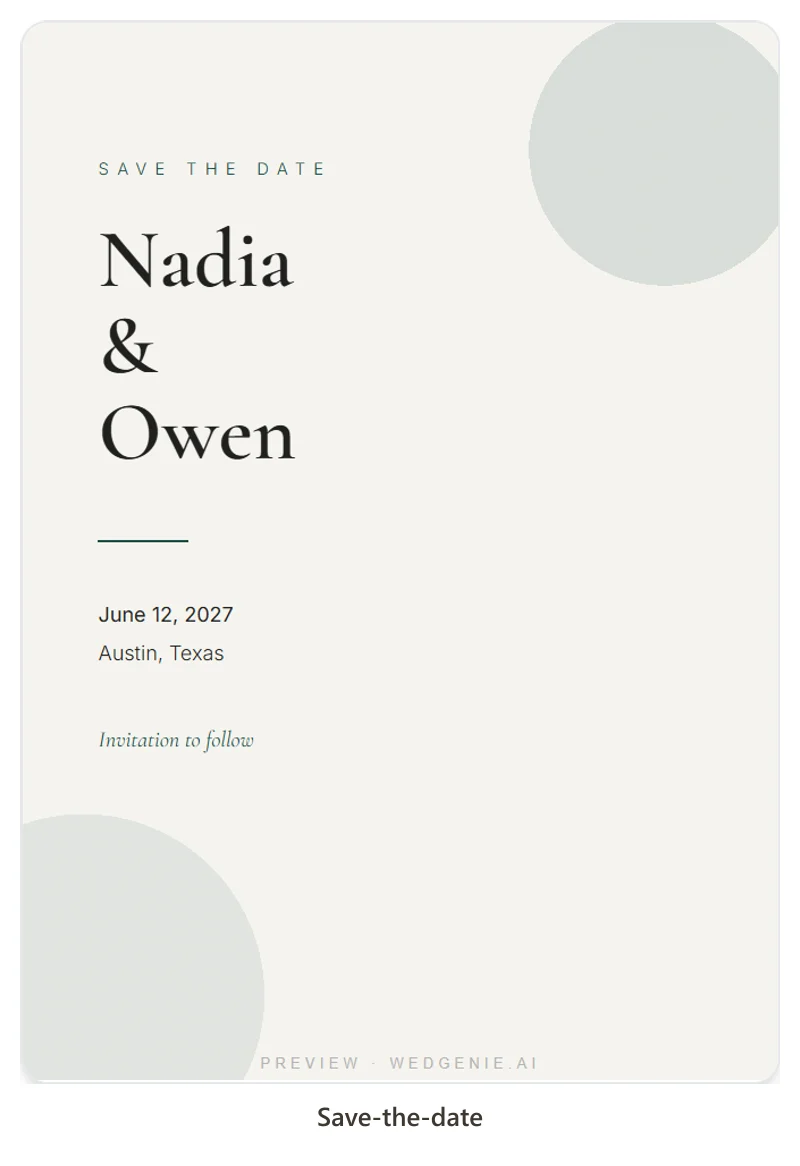 A save-the-date set in WedGenie's invitation maker: Save the date, Nadia & Owen, June 12, 2027, Austin, Texas, Invitation to follow