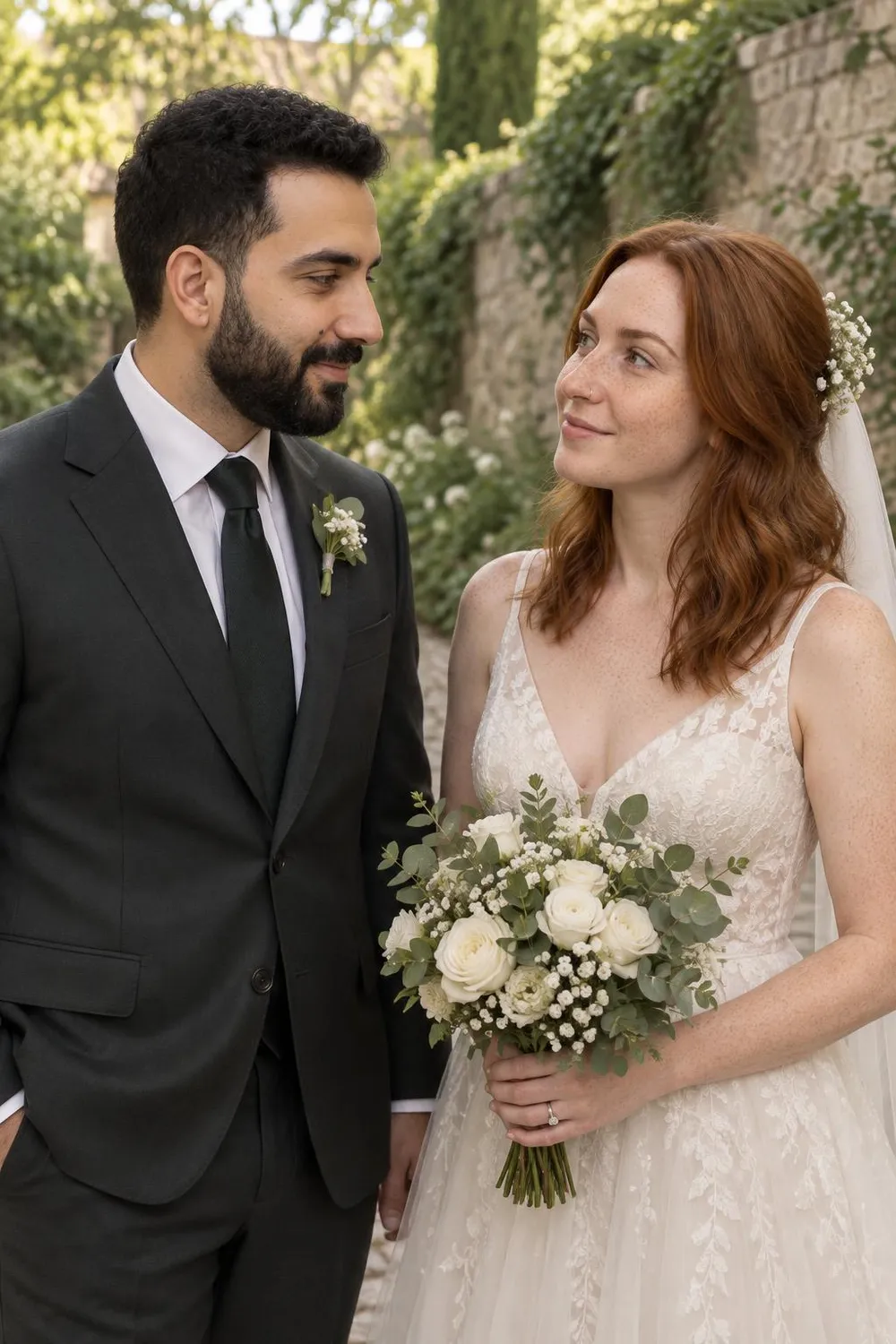 Wedding photo idea: a groom turning to see his bride for the first time in a garden
