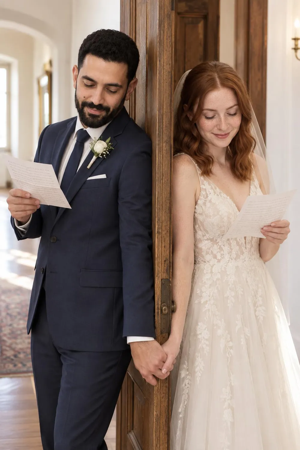 Wedding photo idea: a bride and groom holding hands around a door frame without seeing each other