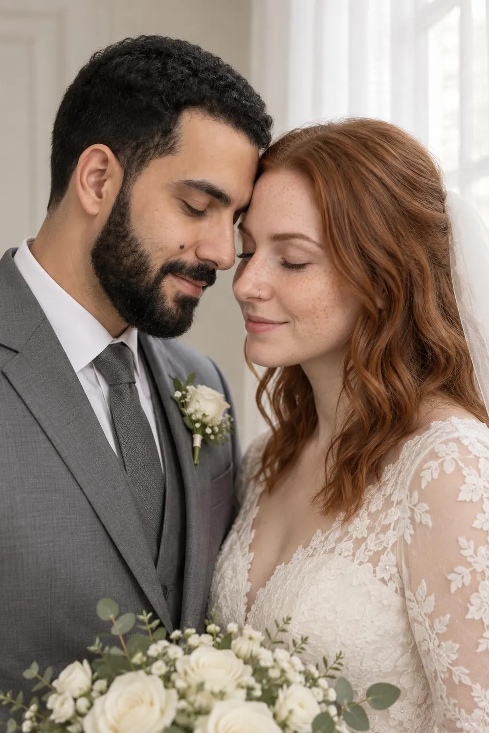 Wedding photo idea: a wedding couple standing forehead to forehead beside a tall window