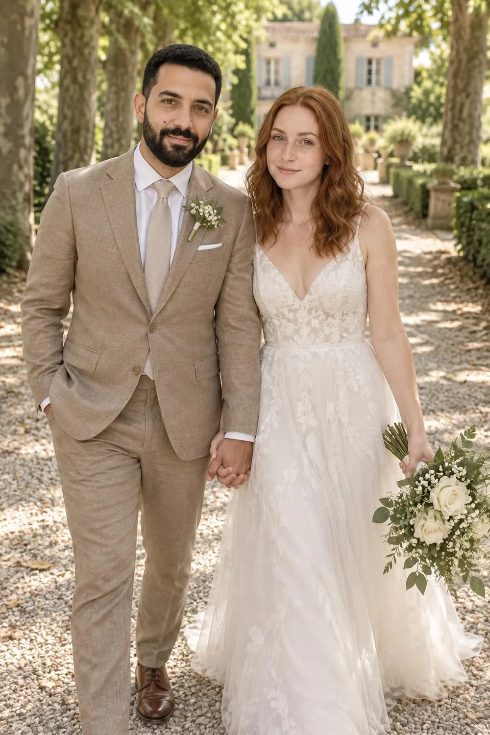 Wedding photo idea: a wedding couple walking hand in hand down a tree-lined path