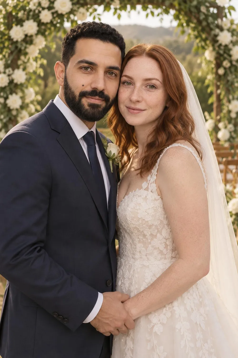 Wedding photo idea: a bride and groom holding hands under a floral arch