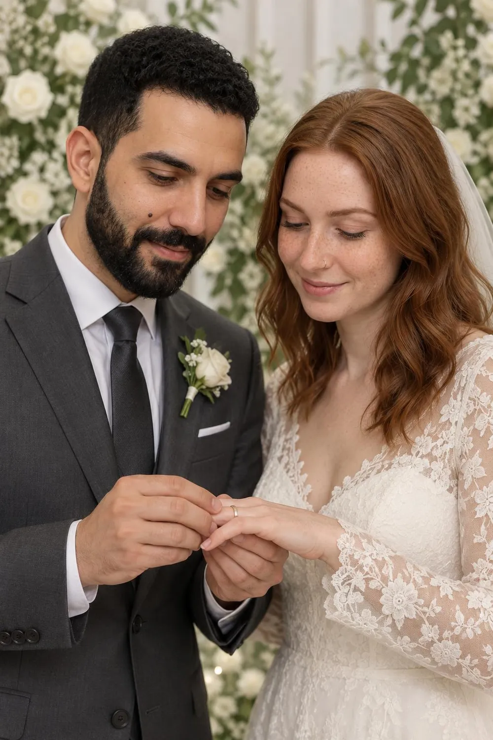 Wedding photo idea: a groom sliding a ring onto a bride's finger