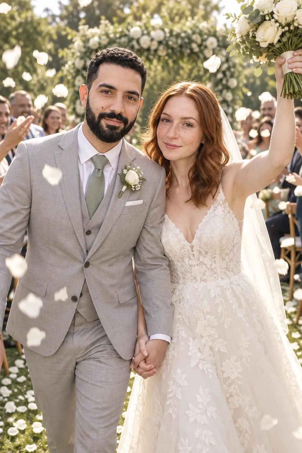 Wedding photo idea: a newly married couple walking up the aisle as petals fall