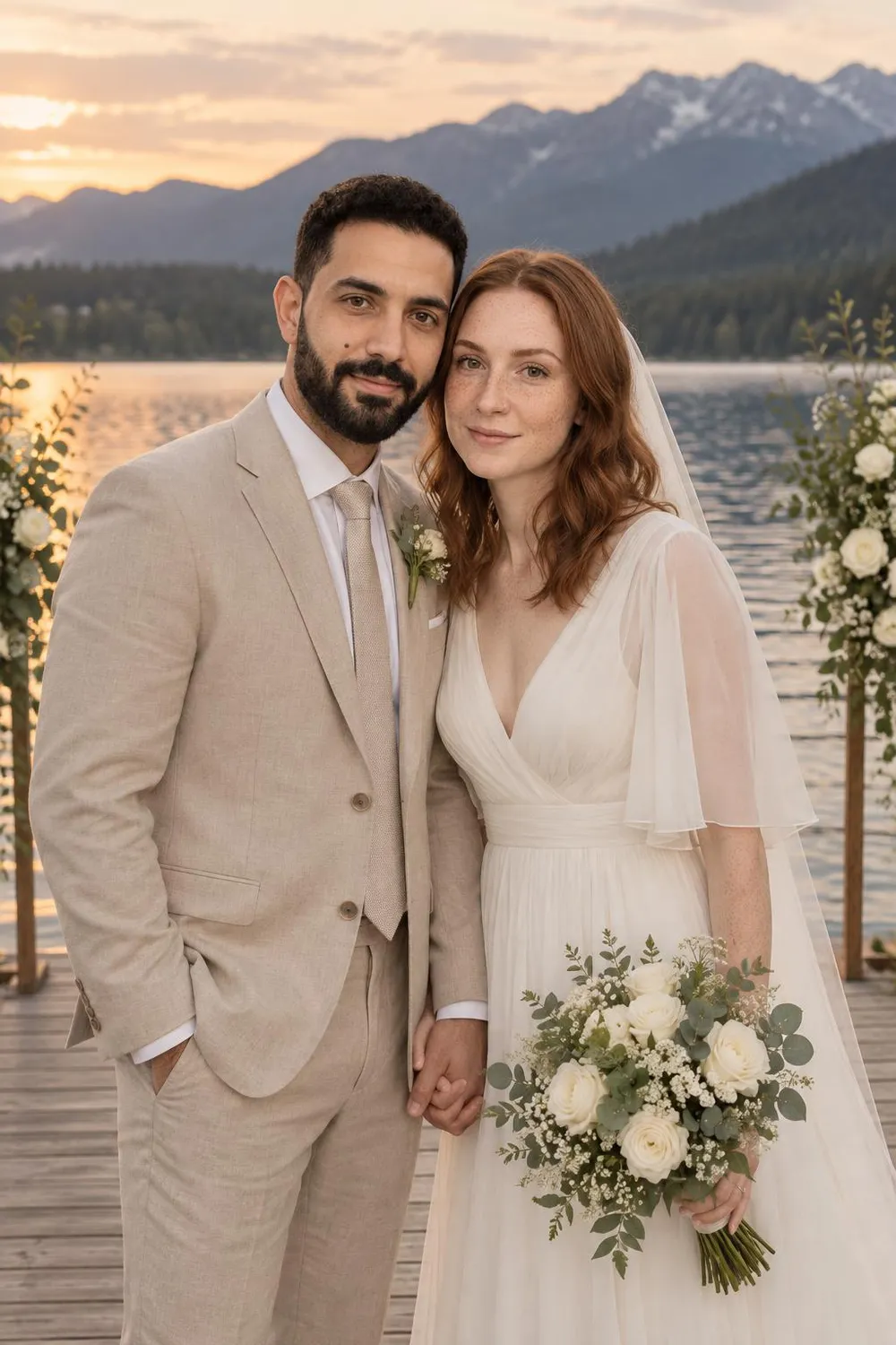 Wedding photo idea: a wedding couple standing at a lakeside ceremony spot