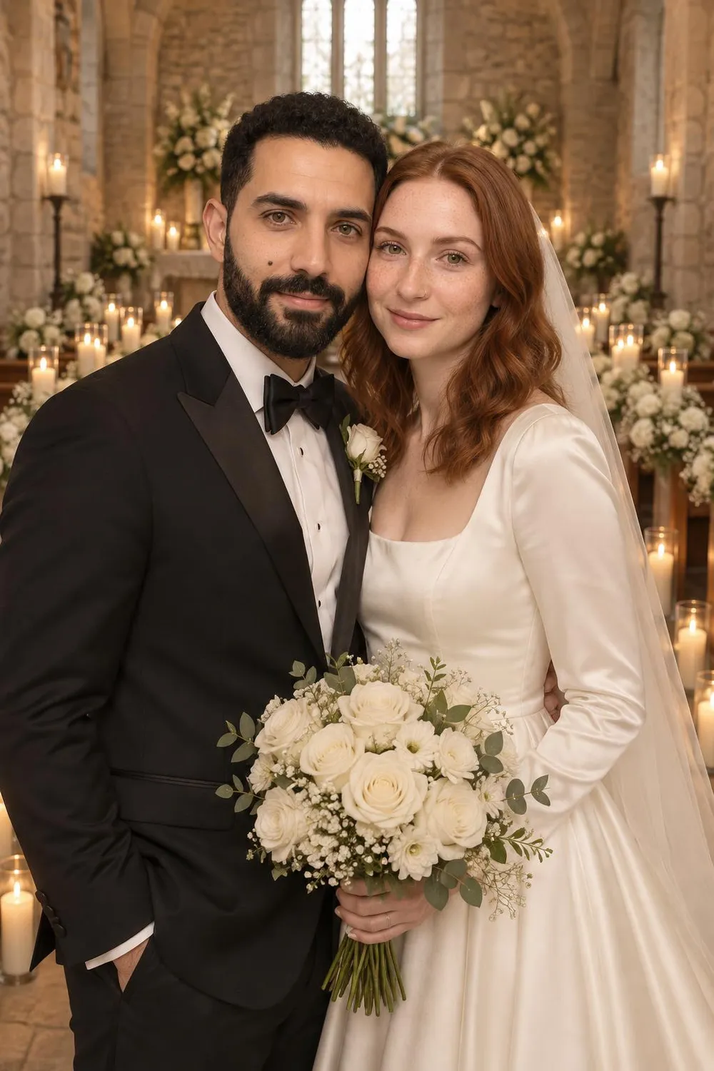 Wedding photo idea: a wedding couple standing in a candlelit chapel aisle