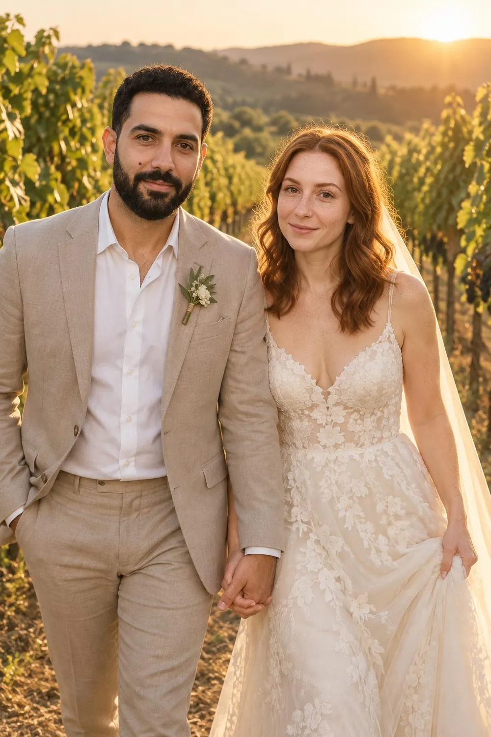 Wedding photo idea: a wedding couple walking between vineyard rows at golden hour