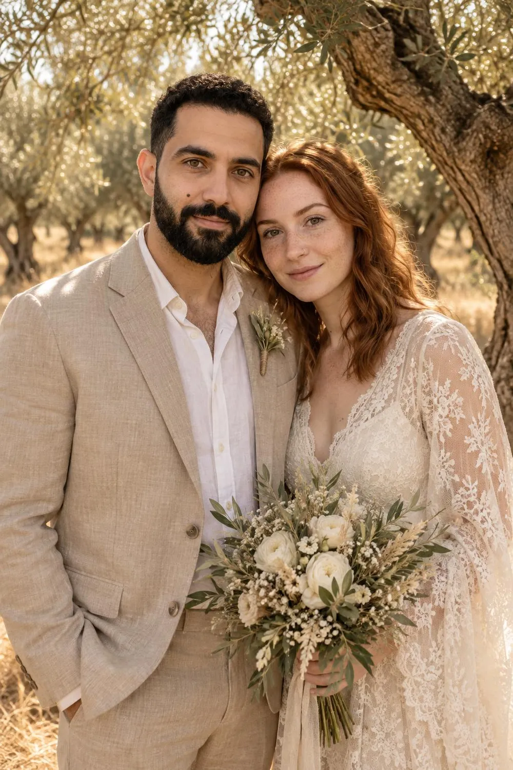 Wedding photo idea: a wedding couple among old olive trees in warm light