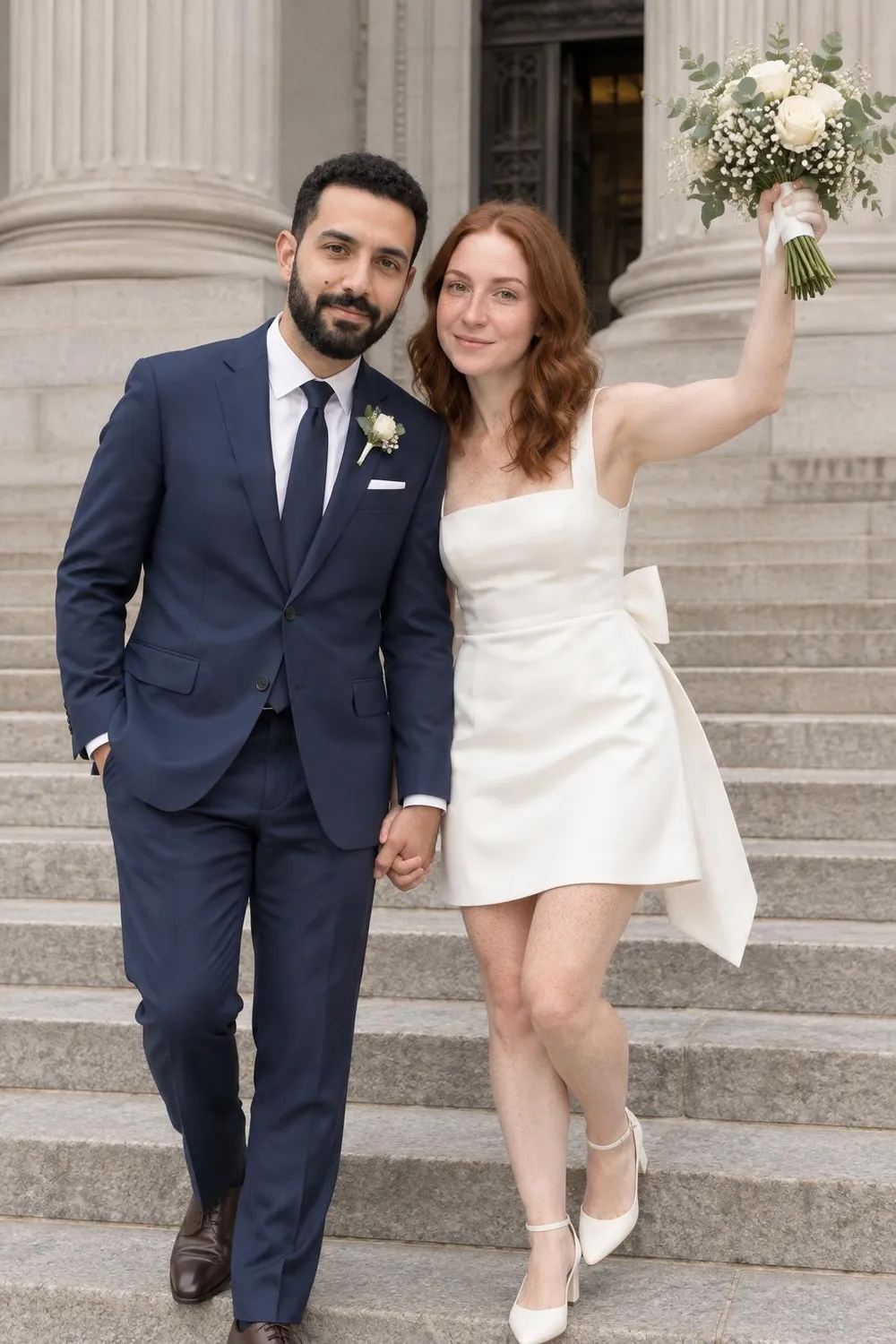 Wedding photo idea: a newly married couple on the steps of a city hall