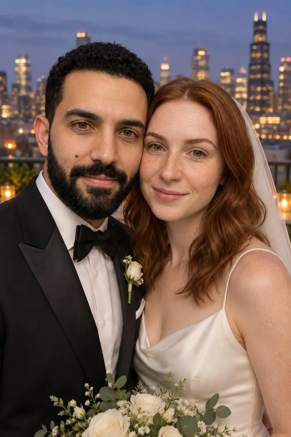 Wedding photo idea: a wedding couple on a city rooftop at blue hour with skyline lights