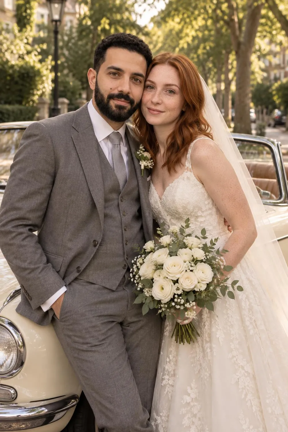 Wedding photo idea: a wedding couple beside a vintage cream convertible