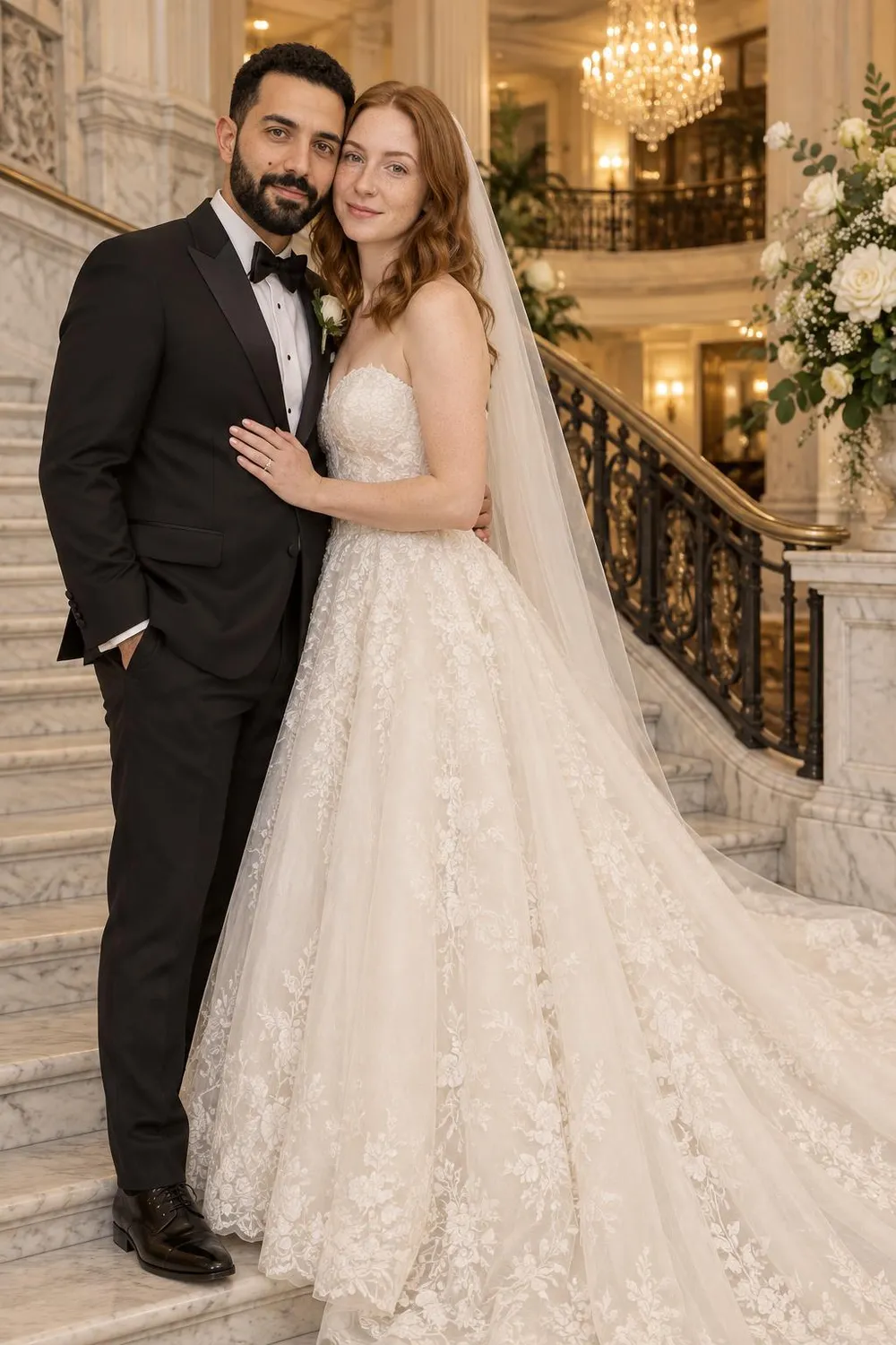 Wedding photo idea: a wedding couple on a grand curved hotel staircase