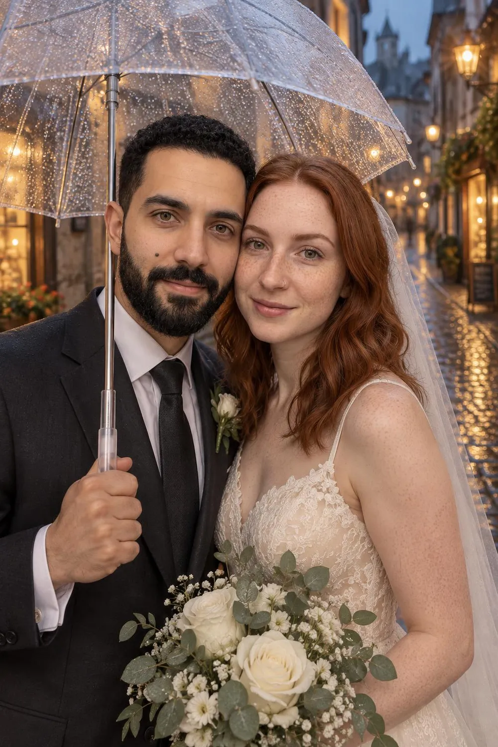 Wedding photo idea: a wedding couple under a clear umbrella on a rainy street