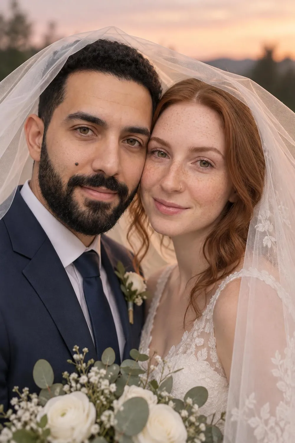 Wedding photo idea: a wedding couple close together under a sheer veil