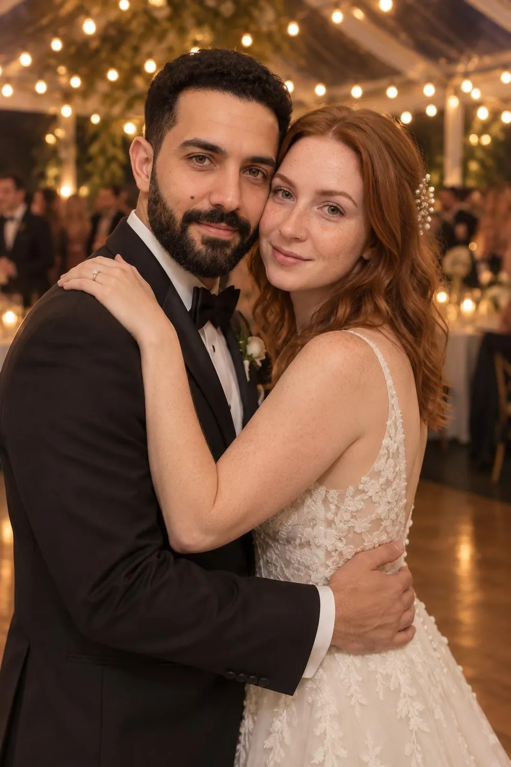 Wedding photo idea: a wedding couple's first dance under string lights