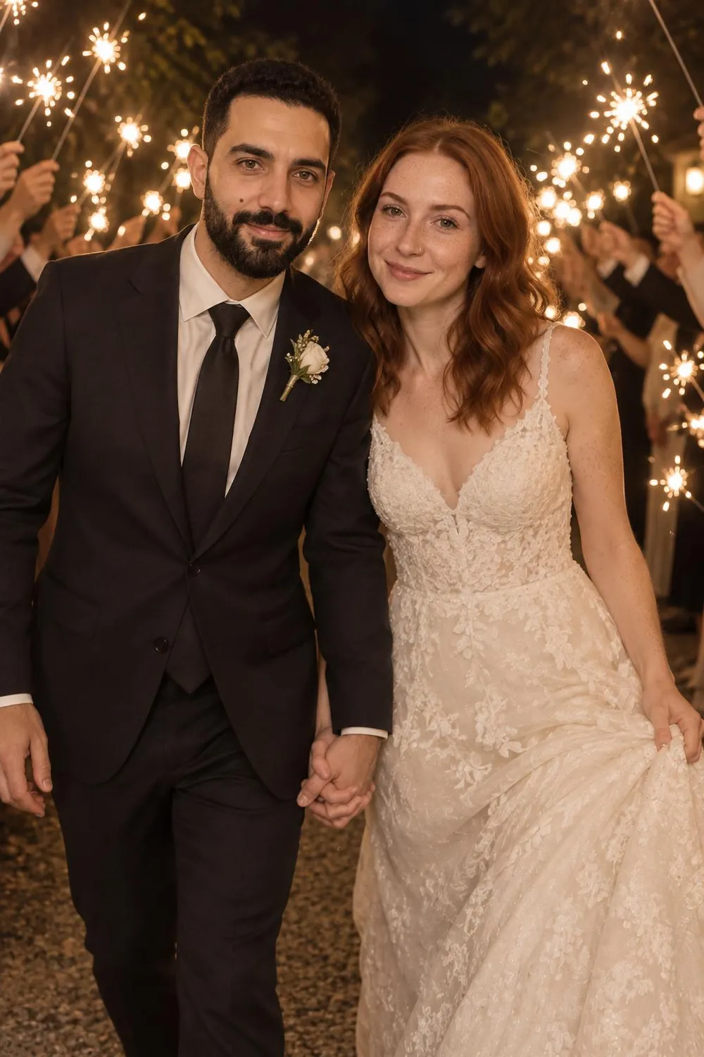 Wedding photo idea: a wedding couple walking through a tunnel of sparklers at night
